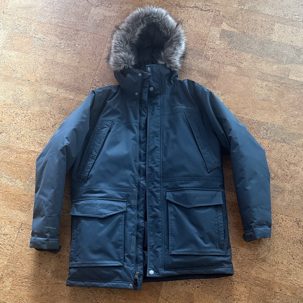 Eddie Bauer Men's Dark Blue Puffer Jacket with Faux Fur Hood